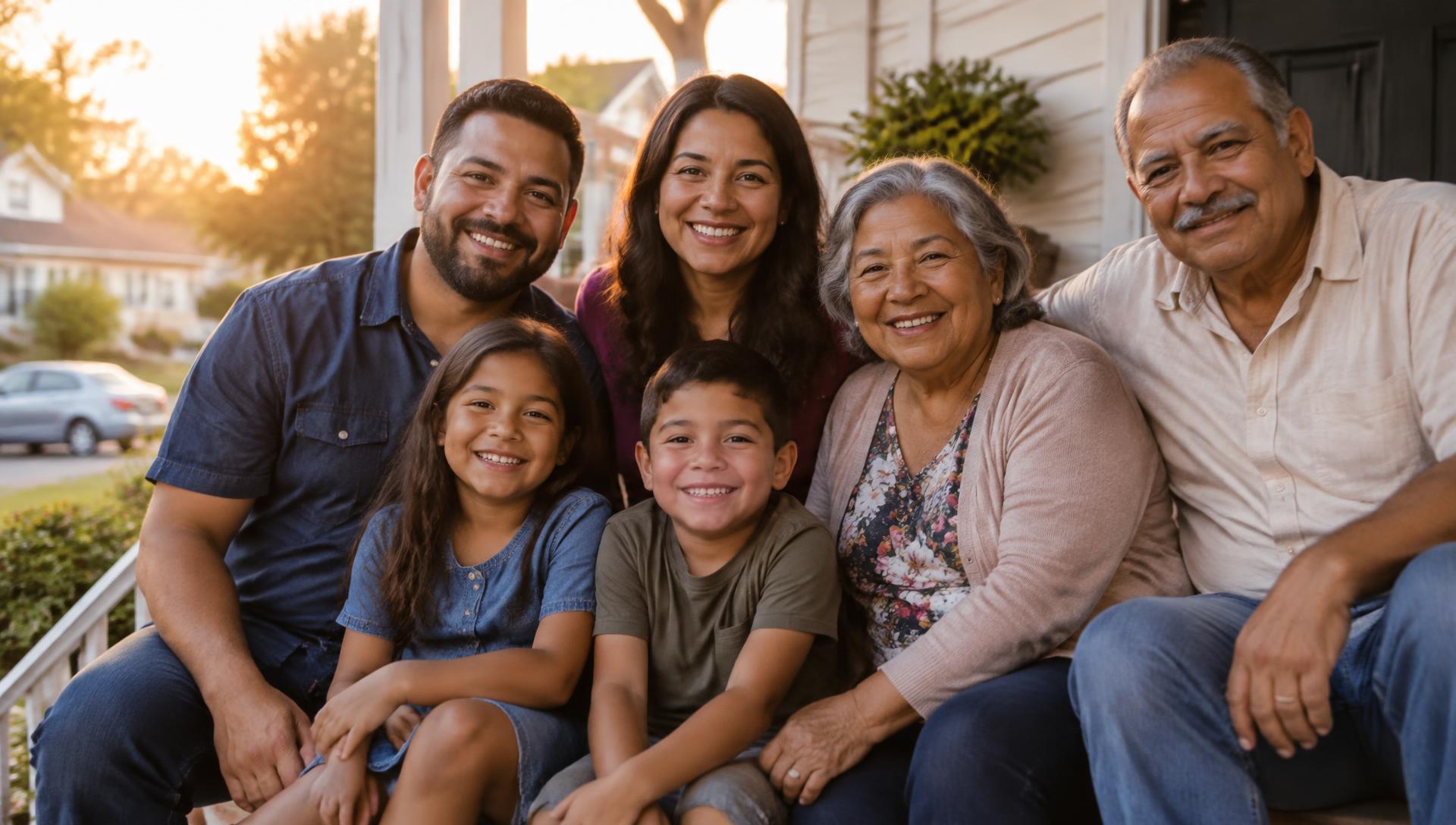 A multigenerational family smiling together on their front porch