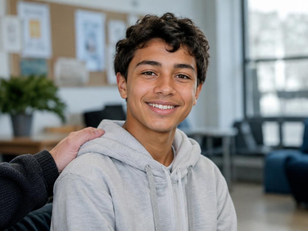 A smiling teenager with a mentor's hand on his shoulder
