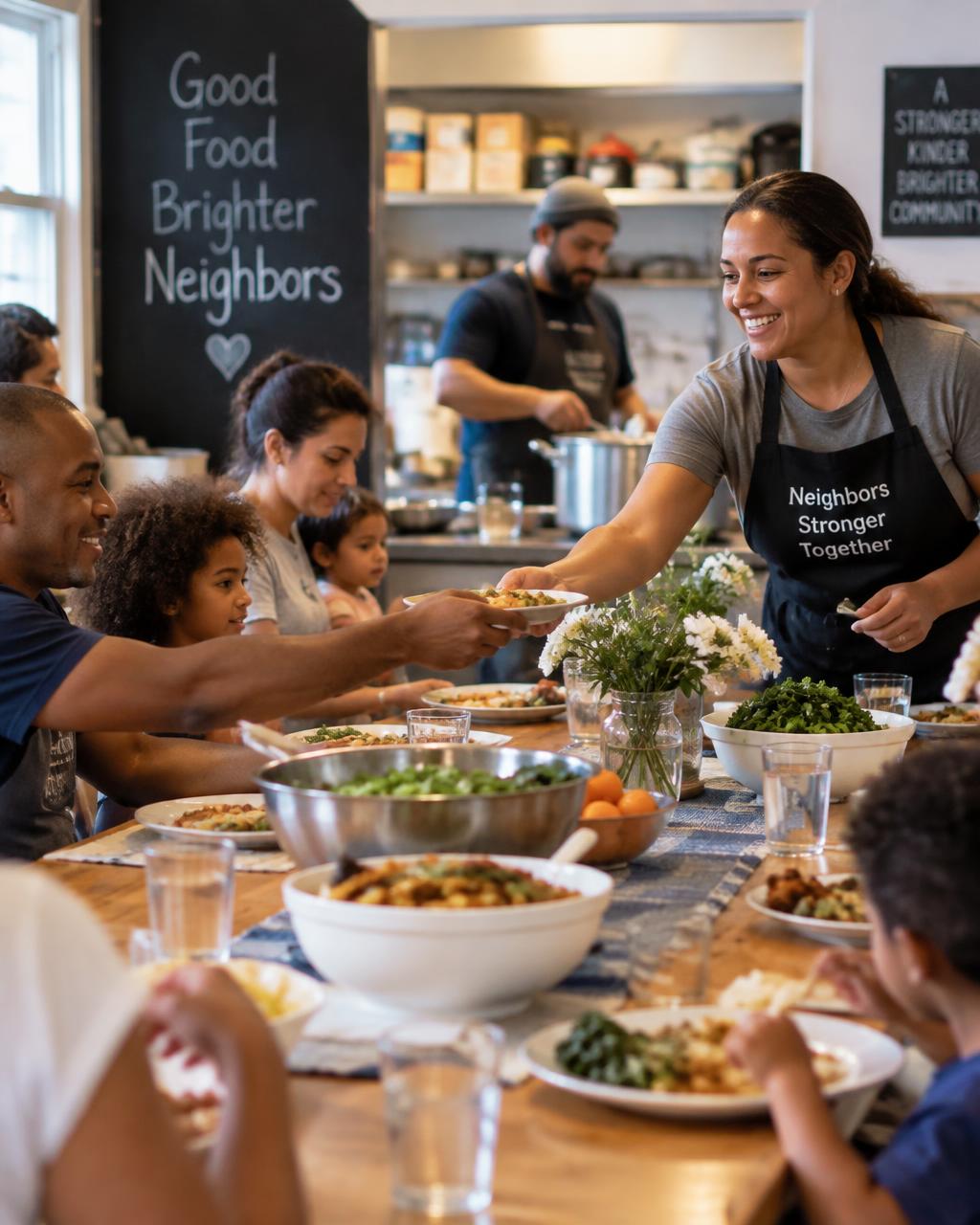 Volunteers serving a community meal in a bright neighborhood kitchen